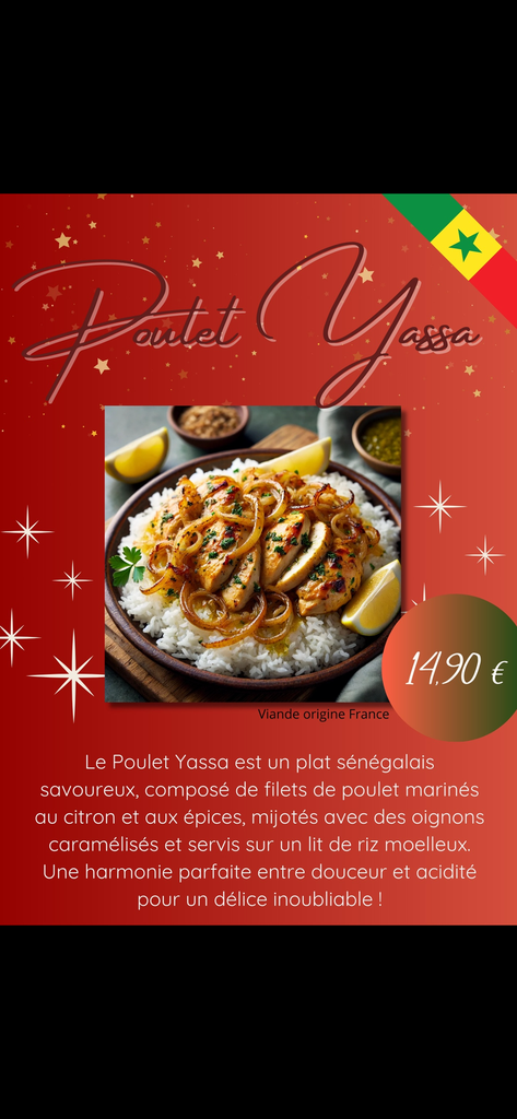 Yassa au poulet la portion(Poulet mariné, oignons caramélisés) Pommes de terre sautées