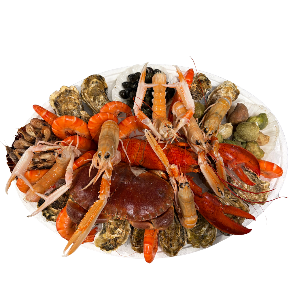 Plateaux fruits de mer classique (6 huitres fines de claires n°3, 1 part de crevettes grises, 1 part de bigorneaux, 6 crevettes roses, 6 langoustines, 6 bulots cuits, 1/2i tourteau, 1/2 homard)
