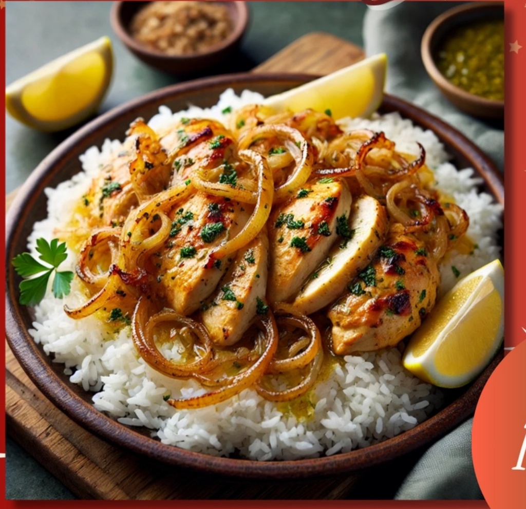 Yassa au poulet la portion(Poulet mariné, oignons caramélisés) riz blanc