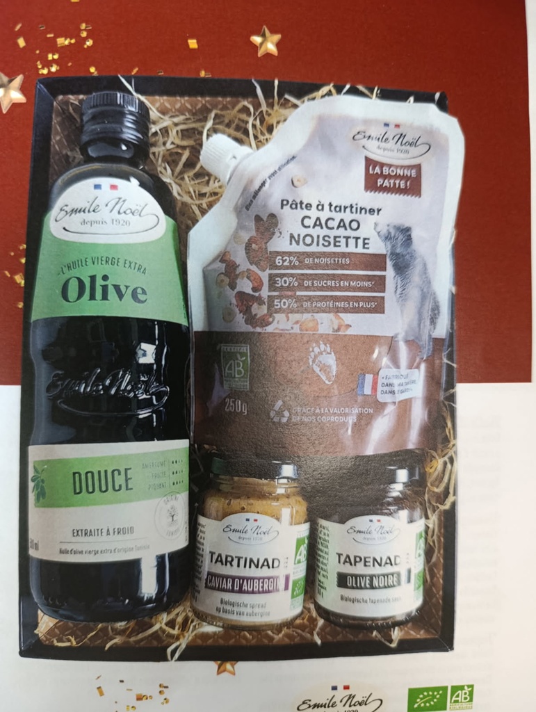 Huile d'olive vierge 250 ml, tartinade de caviar d'aubergine, tapenade d'olive noire, pate à tartiner 250g