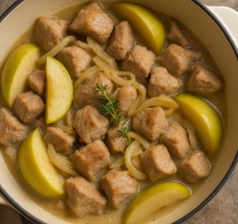 Sauté de porc aux pommes et oignons