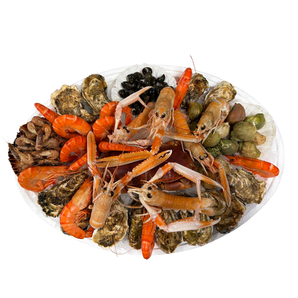 Plateaux fruits de mer gourmet (6 huitres fines de claires n°3, 1 part de crevettes grises, 1 part de bigorneaux, 6 crevettes roses, 6 langoustines, 6 bulots cuits, 1/2 tourteau)